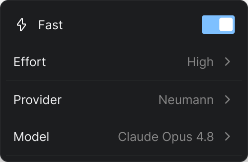 Model picker menu with Fast, Effort, Provider and Model rows