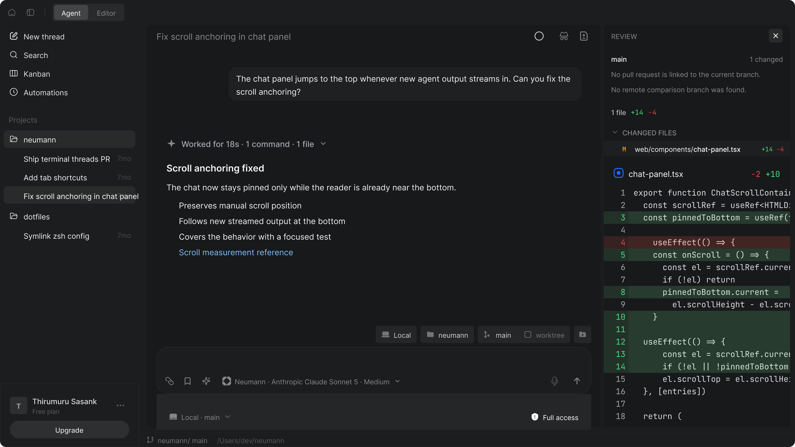 Neumann desktop app with the sidebar, an agent thread and the review pane